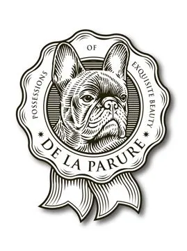 De la Parure seal: an engraved French Bulldog head in a round rosette, with the words “Possessions of exquisite beauty”.